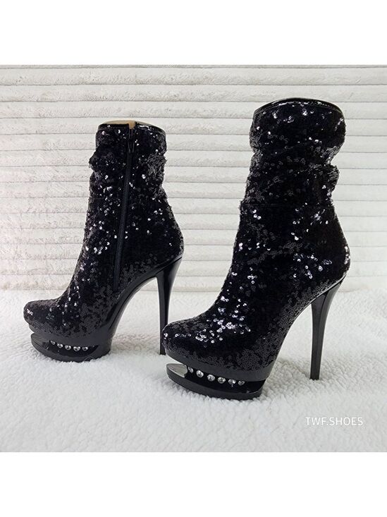 Pleaser Shoes - Pleaser Sexy Black Sequin High Heel Slouch Ankle Boots Blondie 1009